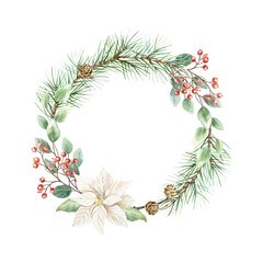 Christmas wreath with fir branches, eucalyptus, white poinsettia flower, pine cones and sprigs of red berries watercolor isolated illustration. Hand drawn pastel botanical New Year clip art.