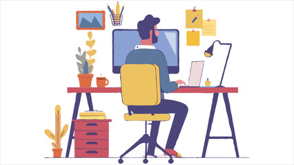 Fototapeta premium Illustration of a Person Working at a Desk Depicts Remote Work and Creative Workspaces with Modern Furniture, Cozy Home Decor, and a Comfortable and Functional Workspace