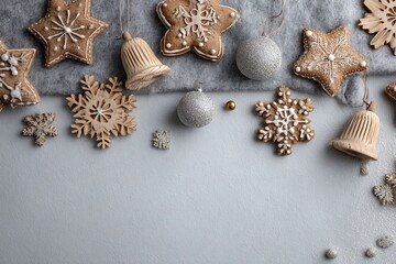 A delightful flat lay of festive gingerbread cookies and winter ornaments on a cozy grey background, perfect for holiday greetings.