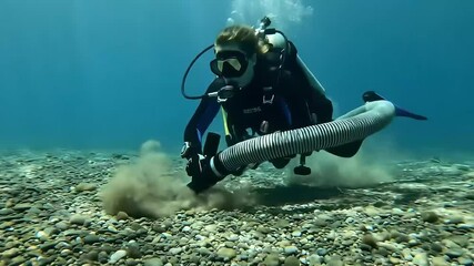 Diver using specialized equipment to clean the ocean floor while exploring the underwater environment.