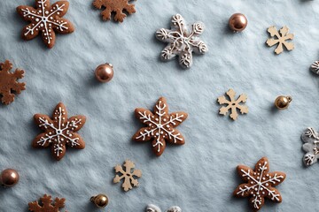 A delightful flat lay of festive gingerbread snowflake cookies and charming Christmas ornaments on a cozy light blue background.