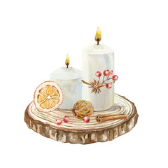 Christmas white candles with a slice of dried orange, walnut, a sprig of red berries, a cinnamon stick, located on a tree cut watercolor illustration isolated Hand drawn pastel beige New Year clip art