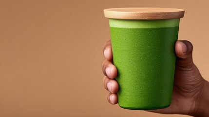 A person is holding a green cup with a wooden lid