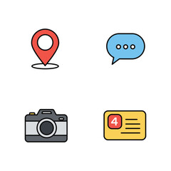 Set of four vector icons representing location chat camera and calendar