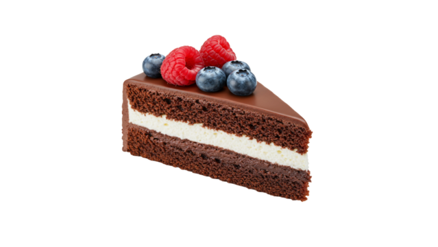 a peace of chocolate cake with fruits on top isolated on white background