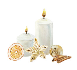 Christmas white candles with dried orange slice, wicker star, golden bell and cinnamon sticks watercolor illustration isolated. Hand drawn pastel beige New Year clip art in scandinavian style.