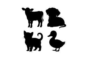 Farm and domestic animal silhouettes on white background