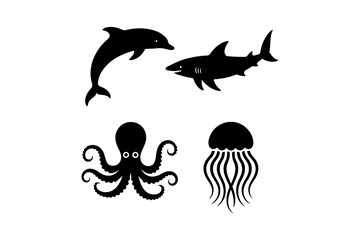 Silhouettes of a dolphin shark octopus and jellyfish