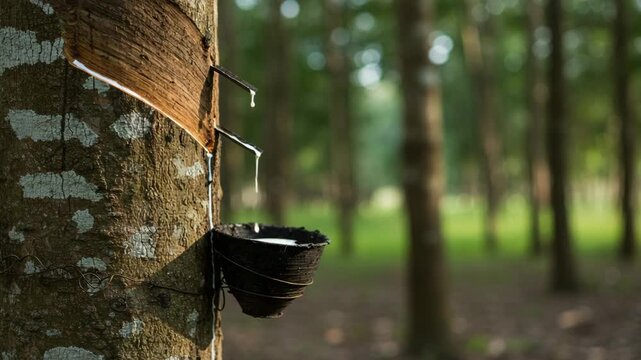 Close-up of rubber tree trunk with fresh cut and white latex drop, natural forest background, realistic detail