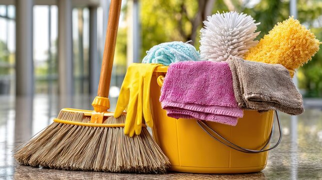 Cleaning supplies in a yellow bucket