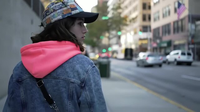 Stylish young woman wearing a baseball cap and denim jacket walks along a bustling city street