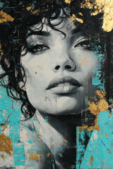 A stunning black-and-white urban portrait shows a woman with tanned skin and curly hair. Turquoise and gold accents suggest sophistication, raw emotion, and the poetic contrast of femininity and grit.