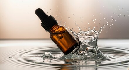 A small amber glass dropper bottle splashes into clear water, creating dynamic water droplets and ripples.