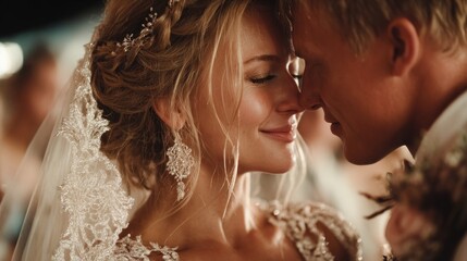 Close-up of a bride and groom dancing