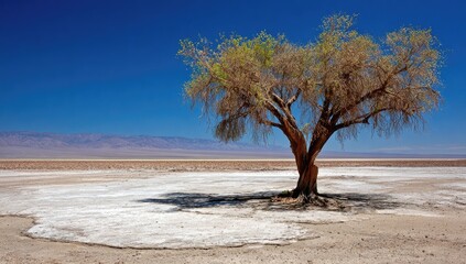 Solitary tree in a salt flat landscape under a vibrant blue sky