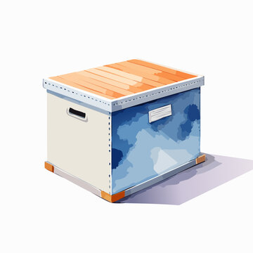 Modern Langstroth beehive box with a wooden lid, painted blue and white, in a watercolor style.