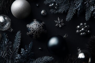 A sophisticated dark Christmas flat lay featuring elegant black and silver ornaments with frosted pine branches, creating a moody festive atmosphere.