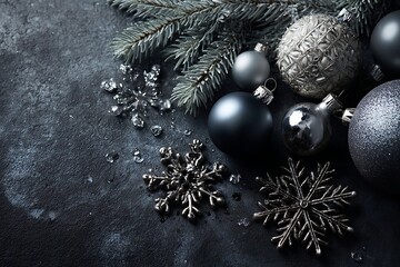 Elegant Christmas ornaments and snowflakes on a dark background, creating a sophisticated and festive winter holiday atmosphere.
