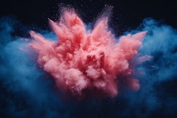 Colorful explosion of pink and blue powder creating a dynamic cloud in a dark background