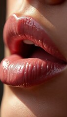 Close-up of glossy, slightly parted lips with a smooth, hydrated texture and natural skin tone highlighting sensuality and beauty.