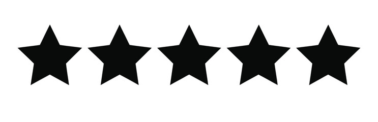 Obraz premium Five Black Stars in Horizontal Row — Minimal Rating Symbol on White Background Representing Top Quality, Excellence, Feedback, and Evaluation