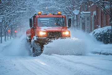 Snowplow clears city streets during heavy snowfall in winter morning