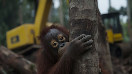 Orangutan clings to a tree in a deforested area. The primate's habitat faces destruction. Conservation efforts are crucial for the species' survival.
