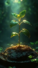 Newly sprouted plant emerging from the forest soil under soft sunlight during early morning hours