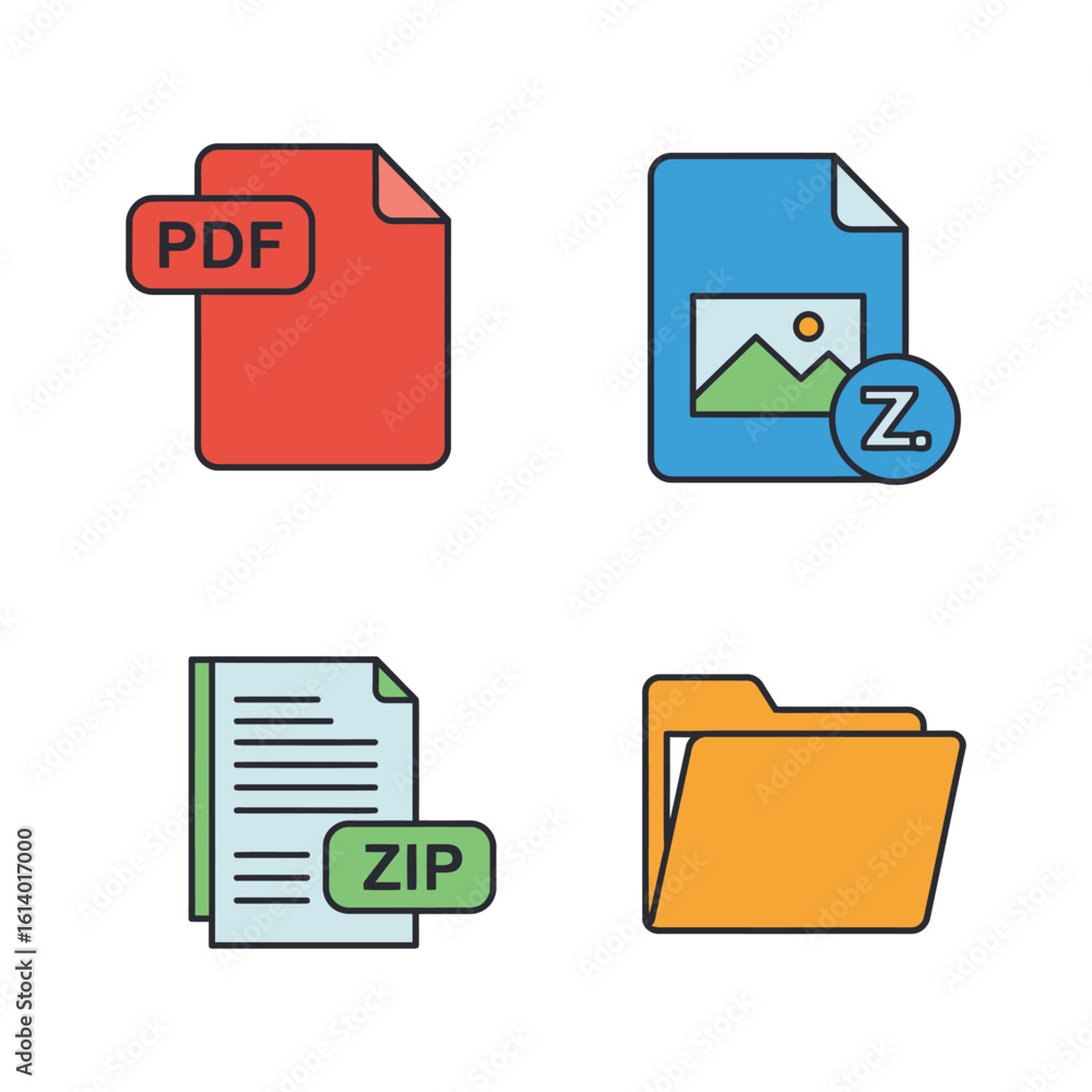 Poster file format icons representing pdf image zip and folder on white background