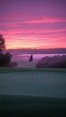 Stunning morning panorama captures a golf hole with flag at sunrise over foggy landscape