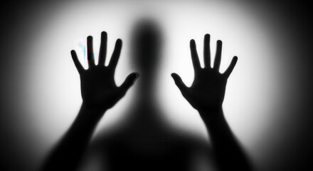 Silhouetted hands pressed against frosted glass create a mysterious and eerie atmosphere.