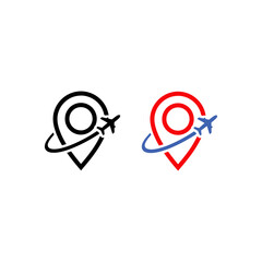 two variations of a bold line icon symbolizing travel or air transportation, combining a location pin with an airplane — black bold line icon and red and blue bold line icon