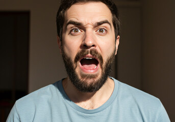 Man mid-sneeze caught in confused shock, comedic capture, shocked funny