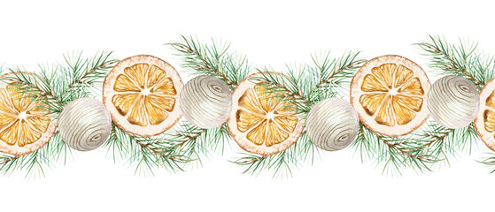 Christmas seamless border with fir branches, dried orange slices, wooden balls watercolor isolated illustration. Hand drawn pastel botanical New Year clip art in scandinavian style.