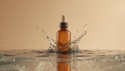 A brown dropper bottle creates a splash as it is partially submerged in water against a beige background.
