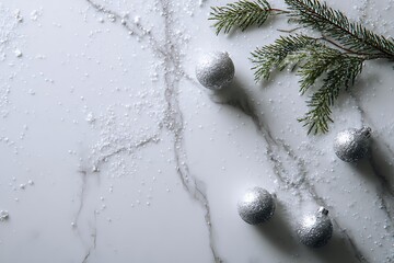 Elegant Christmas composition featuring silver ornaments, a fir branch, and artificial snow on a white marble background, perfect for holiday greetings.