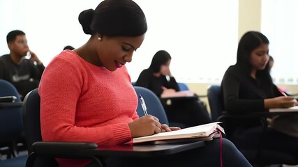 Smiling young African American student writing notes in a bright university classroom during a lecture - Powered by Adobe