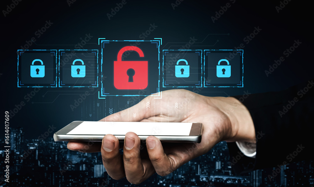Poster digital security concept illustrating a cybersecurity breach, with a red unlocked padlock indicating