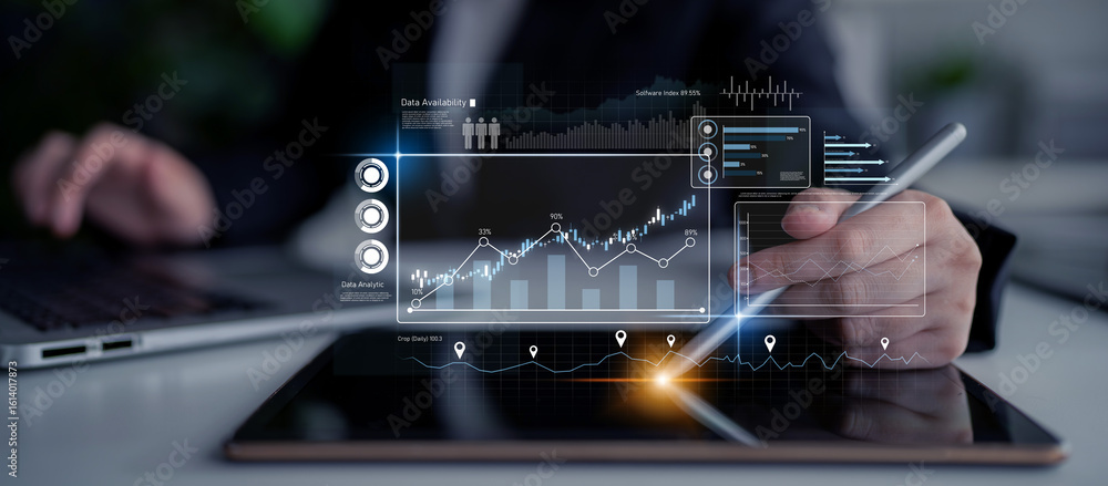 Poster high-tech data visualization dashboard for analytics and performance tracking, including data visual