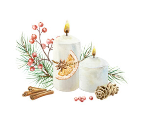 Christmas white candles with dried orange slice, star anise, fir branch, red berries, pine cones and cinnamon sticks watercolor illustration isolated. Hand drawn pastel beige New Year clip art.