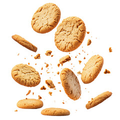 Peanut butter cookies crushing and flying isolated on transparent background