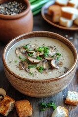 Creamy Mushroom Soup Served With Bread and Spices in a Rustic Kitchen Setting