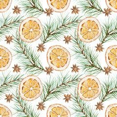 Christmas seamless pattern with fir branches, dried orange slices, star anise watercolor isolated illustration. Hand drawn pastel botanical New Year clip art in scandinavian style.