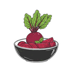 Black and white illustration of beet salad isolated on white background
