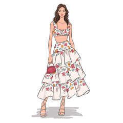 Elegant hand-drawn fashion illustration of a stylish woman wearing a floral crop top and layered ruffle skirt. Holding a small handbag and wearing lace-up sandals. 