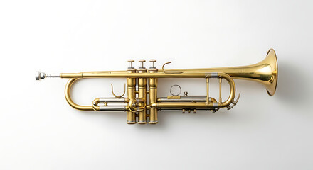 Obraz premium A golden trumpet lying horizontally on a white background in a studio shot with good lighting ai generated