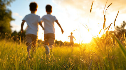 Children Running in a Field During Sunset