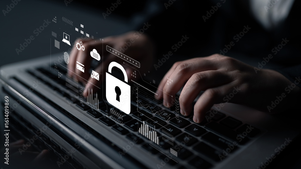 Poster digital cyber security lock system highlighting data security encryption, cyber password protection,