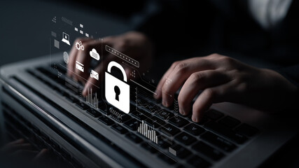 Digital cyber security lock system highlighting data security encryption, cyber password...