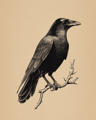 Minimalist linocut illustration of a lone raven sitting on a branch, black ink texture on beige paper background, clean negative space, bold carved lines, vintage engraving style.